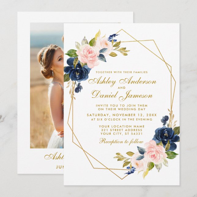 Geometric Gold Floral Blue Pink Photo Wedding Invitation (Front/Back)