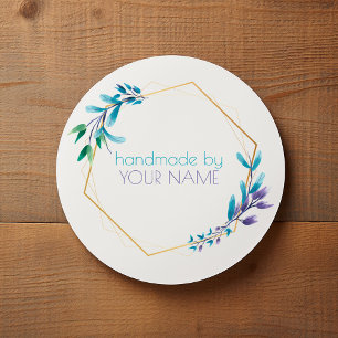Geometric gold flower wreath "Handmade by" Classic Round Sticker