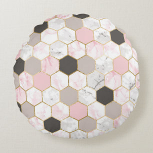 Geometric gold foil, marble hexagon pattern. round pillow