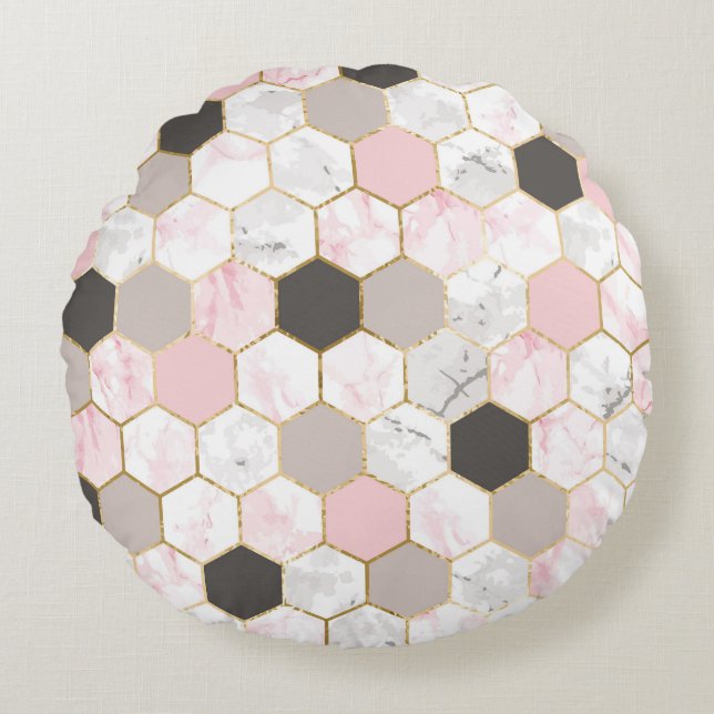 Geometric gold foil, marble hexagon pattern. round pillow (Front)