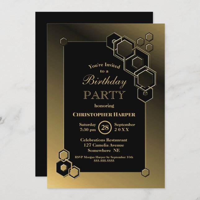 Geometric Gold Frame Birthday Party Invitation (Front/Back)