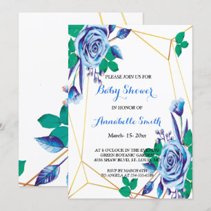 Geometric Gold Frame blue floral Baby Shower Invitation