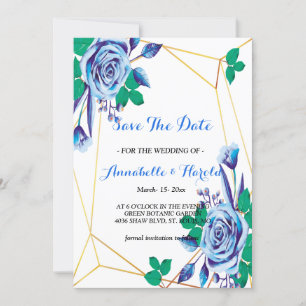 Geometric Gold Frame blue floral save the date