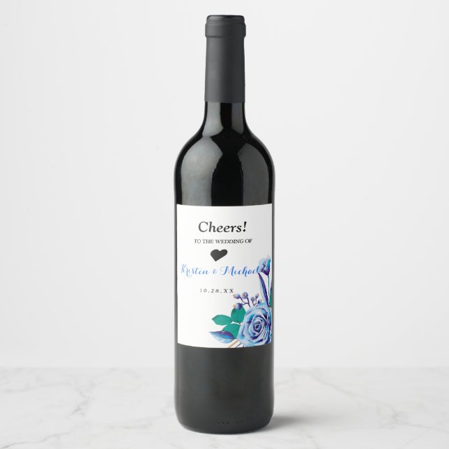 Geometric Gold Frame blue floral The Wedding Wine Wine Label (Front)