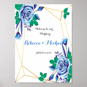 Geometric Gold Frame blue floral  Wedding Welcome Poster