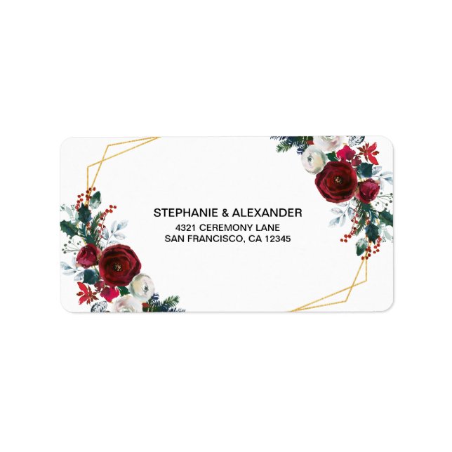 Geometric Gold Frame Burgundy Winter Flowers Label (Front)