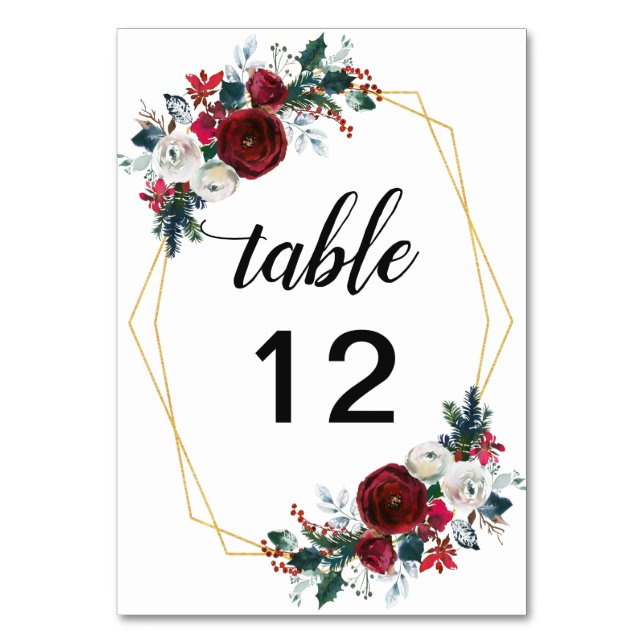 Geometric Gold Frame Burgundy Winter Flowers Table Number (Front)