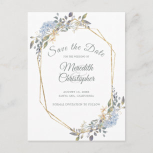 Geometric Gold Frame Dusty Blue Florals Save Date Announcement Postcard