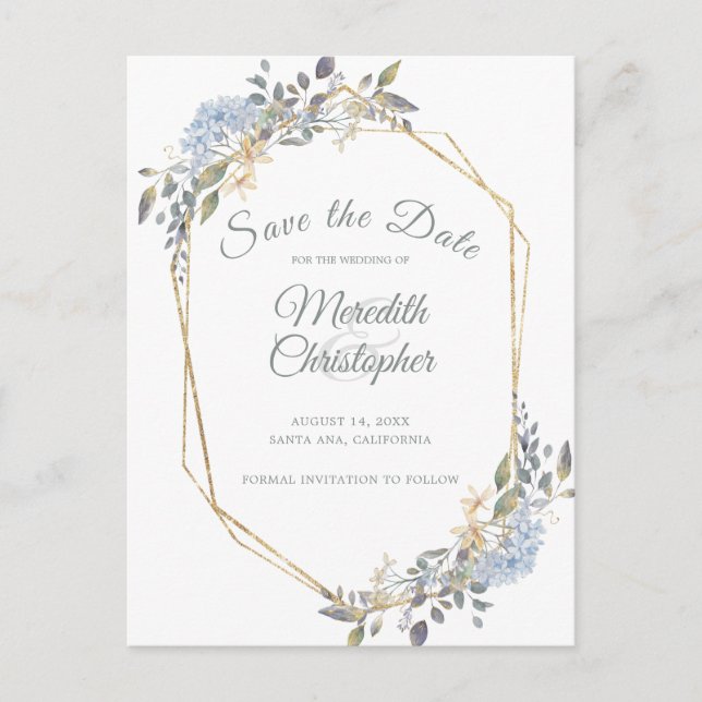 Geometric Gold Frame Dusty Blue Florals Save Date Announcement Postcard (Front)