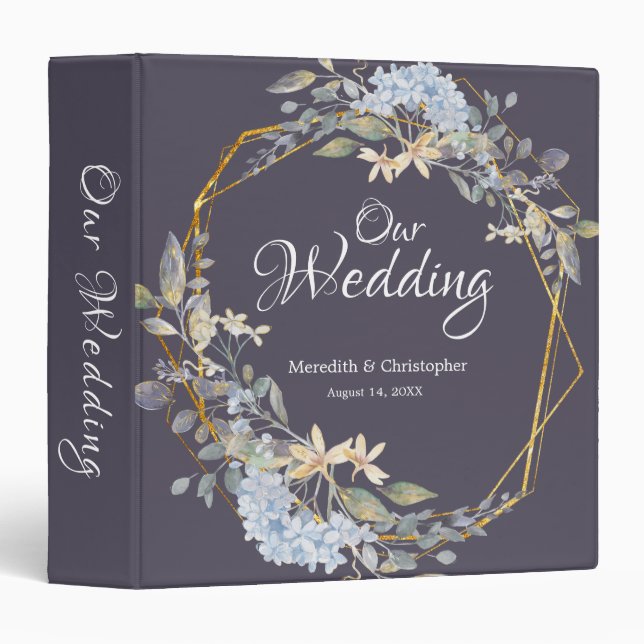 Geometric Gold Frame Dusty Blue Florals Wedding Binder (Front/Spine)