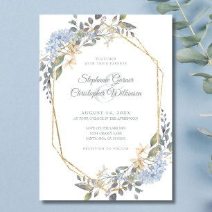 Geometric Gold Frame Dusty Blue Florals Wedding Invitation