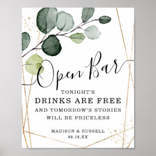 Geometric Gold Frame Eucalyptus Open Bar Sign
