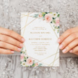 Geometric gold frame pink blush floral wedding invitation<br><div class="desc">A beautiful design with lovely hand painted pink blush watercolor flowers and a modern geometric faux gold frame with text in the middle. The text and pink back color can be edited along with other features of this template.</div>