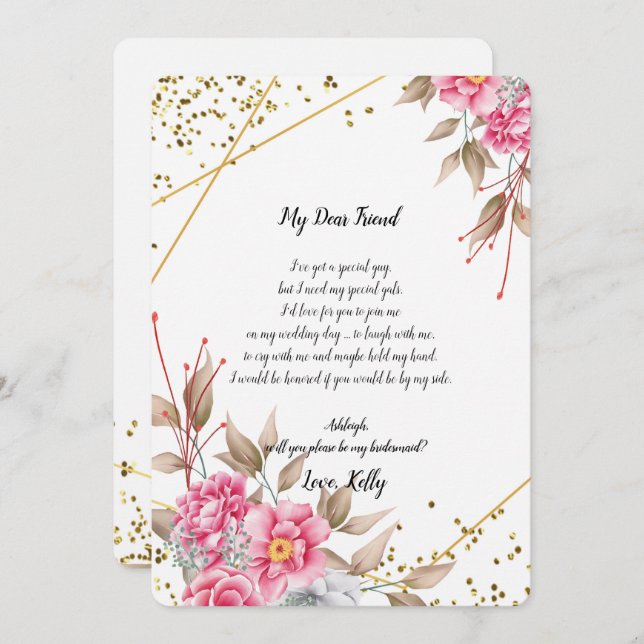 Geometric Gold Frame Pink Fl will be my bridesmaid Invitation (Front/Back)