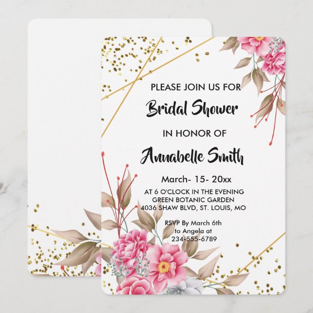 Geometric Gold Frame Pink Floral Bridal Shower Invitation (Front/Back)