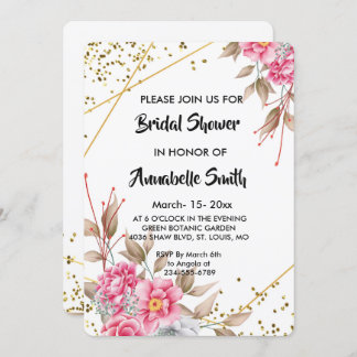 Geometric Gold Frame Pink Floral Bridal Shower Invitation