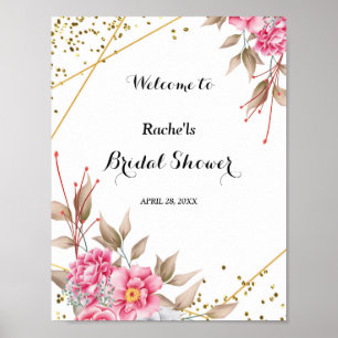 Geometric Gold Frame Pink Floral Bridal Shower Poster