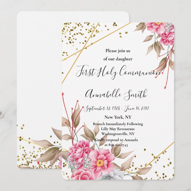 Geometric Gold Frame Pink Floral  First Holy Comm Invitation (Front/Back)