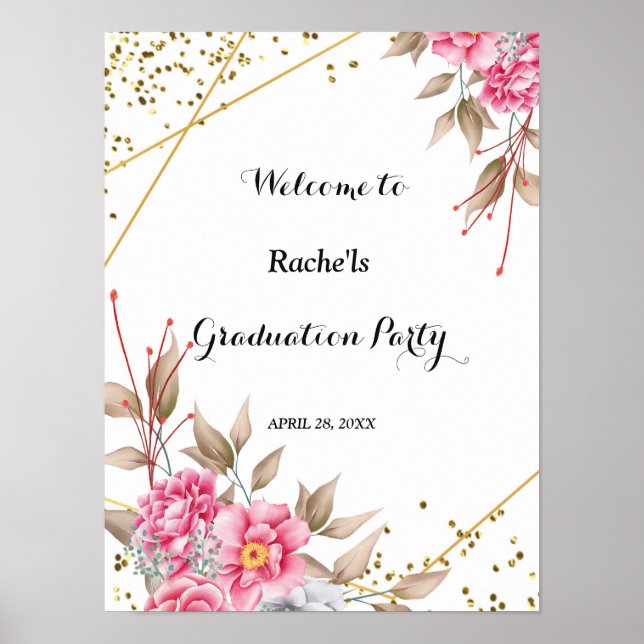 Geometric Gold Frame Pink Floral  Graduation Poster (Front)