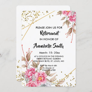Geometric Gold Frame Pink Floral    Retirement Invitation