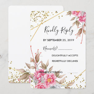 Geometric Gold Frame Pink Floral  RSVP Invitation