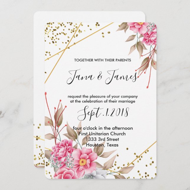 Geometric Gold Frame Pink Floral wedding Invitation (Front/Back)