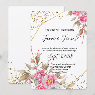 Geometric Gold Frame Pink Floral wedding Invitation