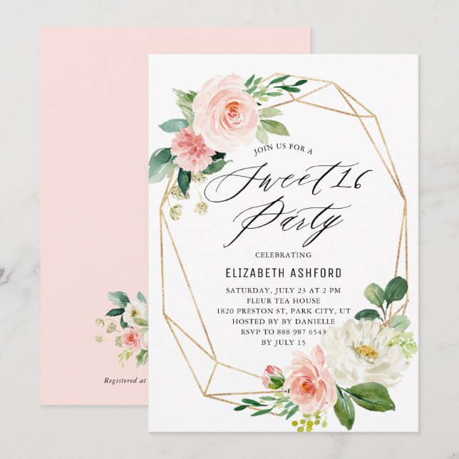 Geometric Gold Frame  Pink Florals Sweet 16 Party Invitation (Front/Back)