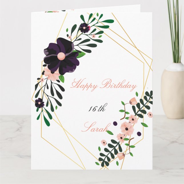 Geometric Gold Frame purple floral  Birthday card (Front)