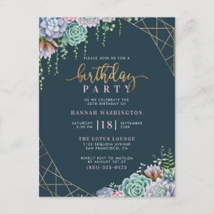 Geometric Gold Frame & Succulents Birthday Party Invitation Postcard