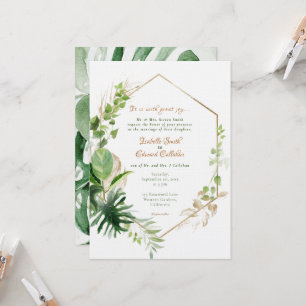 Geometric Gold Frame Tropical Green Leaves Wedding Invitation