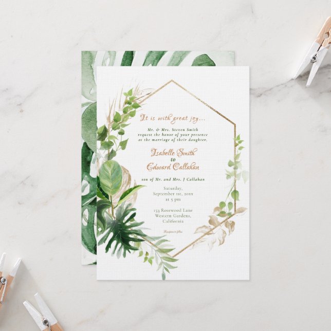 Geometric Gold Frame Tropical Green Leaves Wedding Invitation (Front/Back In Situ)