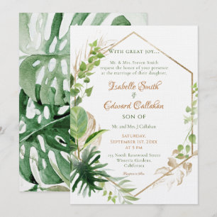 Geometric Gold Frame Tropical Green Leaves Wedding Invitation