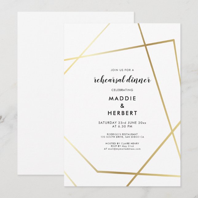 Geometric gold frame wedding rehearsal dinner invitation (Front/Back)