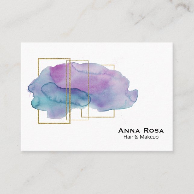 *~* Geometric Gold Girly Purple Magenta Watercolor Business Card (Front)