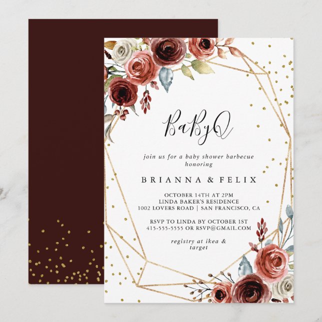 Geometric Gold Glitter BabyQ Baby Shower Barbecue Invitation (Front/Back)