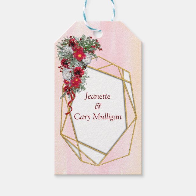 Geometric - Gold Glitter Burgundy flowers Gift Tag (Front)