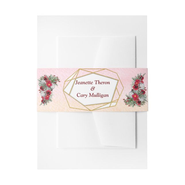 Geometric - Gold Glitter Burgundy  Flowers Invitation Belly Band (Front Example)
