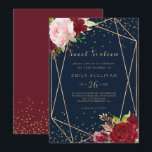 Geometric Gold Glitter Red 16th Birthday Party Invitation<br><div class="desc">This geometric gold glitter red sweet sixteen birthday party invitation is perfect for a modern birthday. The artistic bordo marsala design features  watercolor,  green,  pink,  burgundy and blush roses assorted with greenery neatly arranged around geometric gold frames in a graceful and radiant flower bouquet.</div>