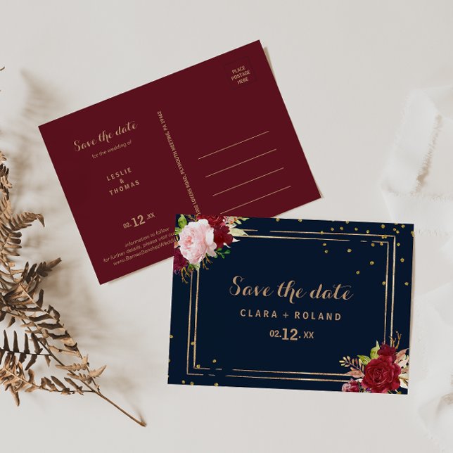 Geometric Gold Glitter Red Tropical Save the Date Postcard (Creator Uploaded)