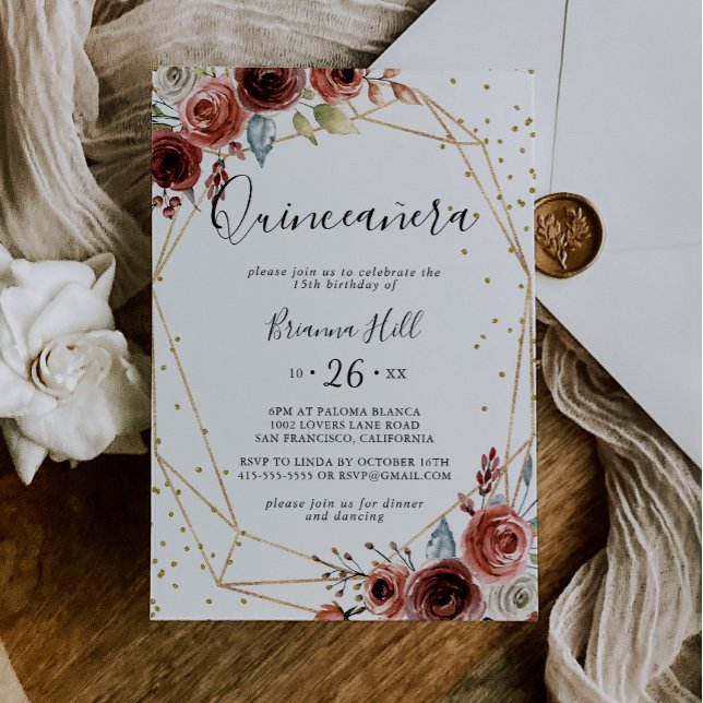 Geometric Gold Glitter Spring Floral Quinceañera Invitation (Creator Uploaded)