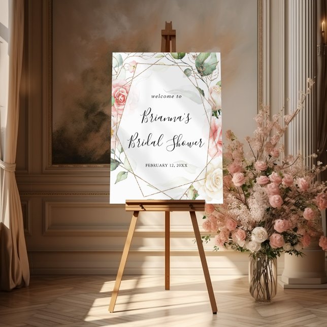 Geometric Gold Green Foliage Bridal Shower Welcome Poster (Creator Uploaded)