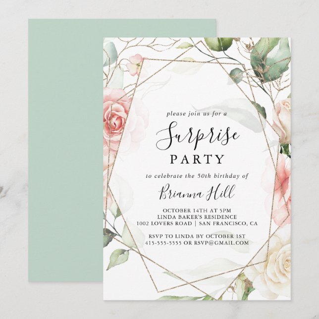 Geometric Gold Green Foliage Floral Surprise Party Invitation (Front/Back)