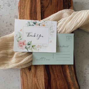 Geometric Gold Green Foliage Floral Thank You Postcard