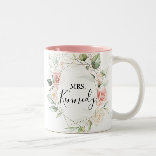 Geometric Gold Green Foliage Mrs Newlywed Bride Two-Tone Coffee Mug (Right)