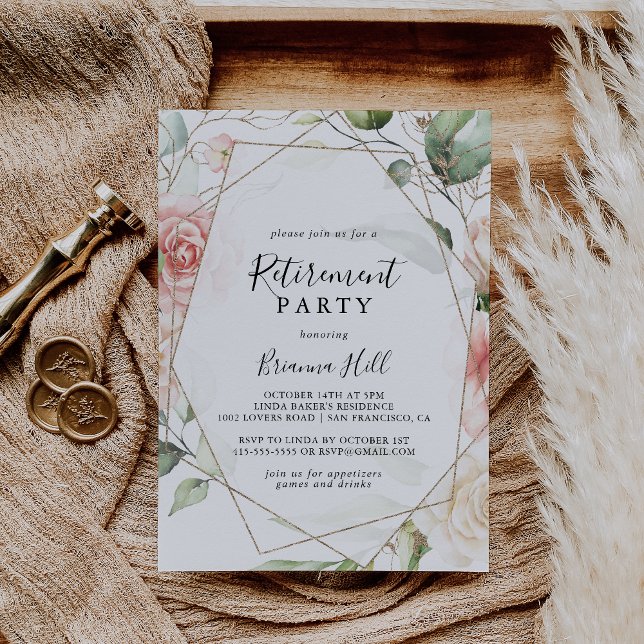 Geometric Gold Green Foliage Retirement Party Invitation (Creator Uploaded)