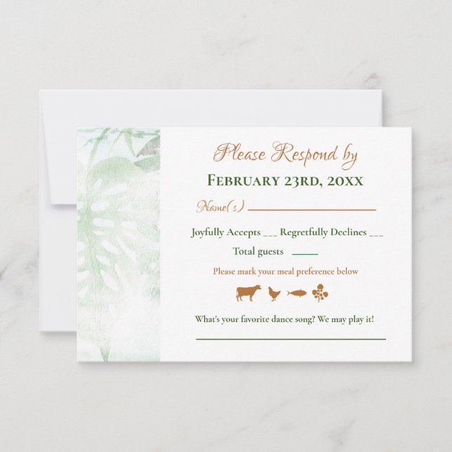 Geometric Gold Green Monstera Leaves Wedding RSVP  Card (Front)