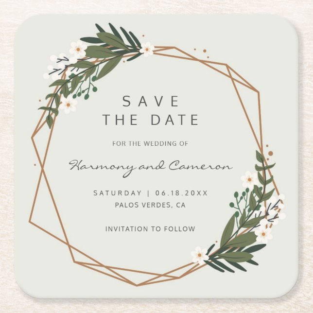 Geometric Gold Greenery Boho Wedding Save the Date Square Paper Coaster (Front)