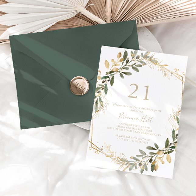 Geometric Gold Greenery Fall 21st Birthday Party   Invitation (Creator Uploaded)