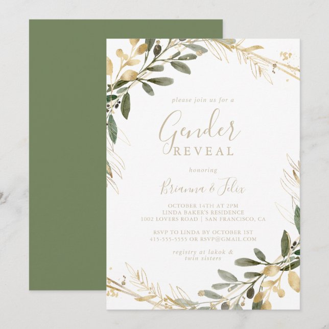 Geometric Gold Greenery Fall Gender Reveal Party   Invitation (Front/Back)